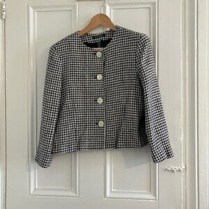 Ralph Lauren cropped collarless Black/white linen blend Herringbone jacket. Y2K